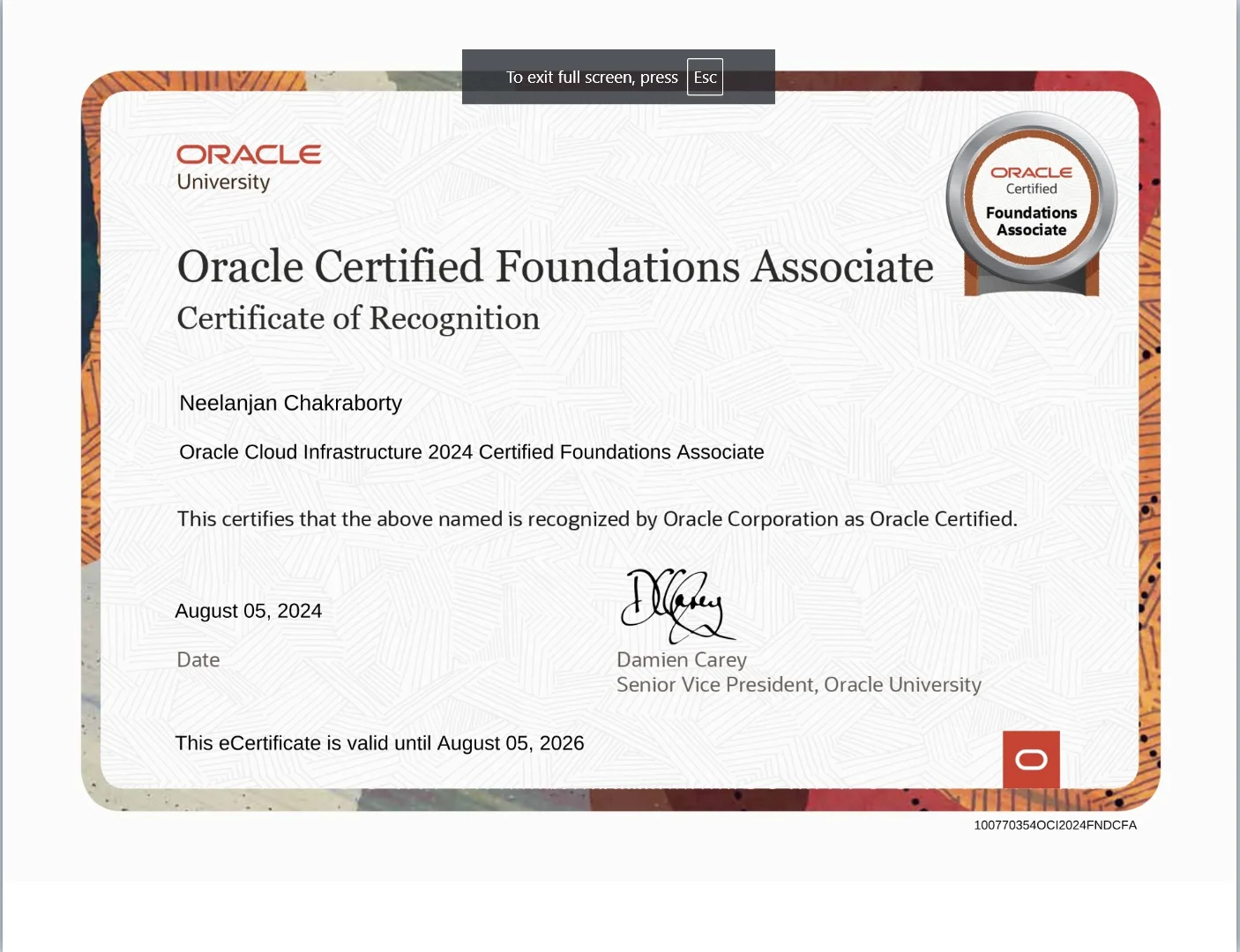 Oracle Cloud Infrastructure 2023 AI Certified Foundations Associate Certificate