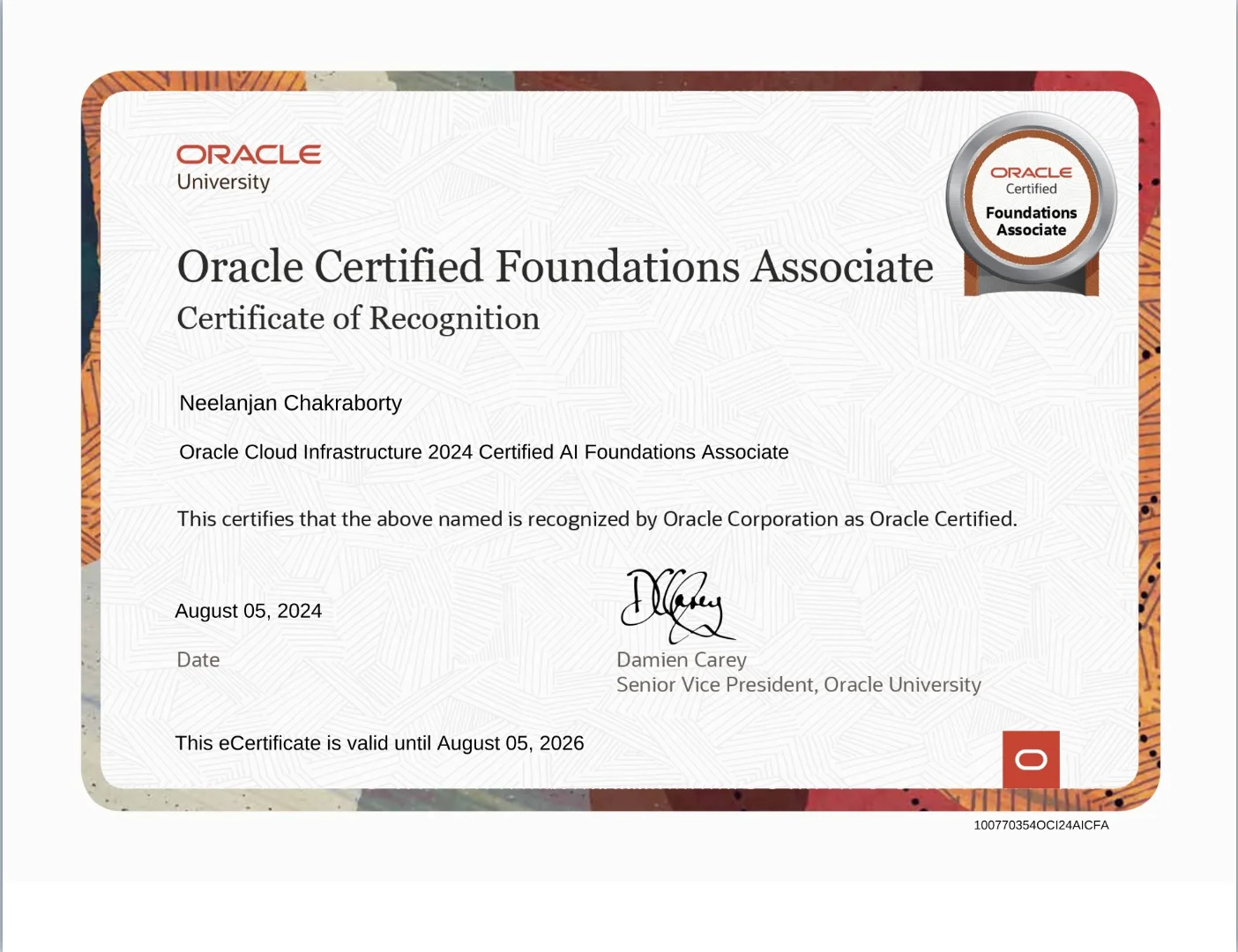 Oracle Cloud Infrastructure 2024 Certified AI Foundations Associate Certificate