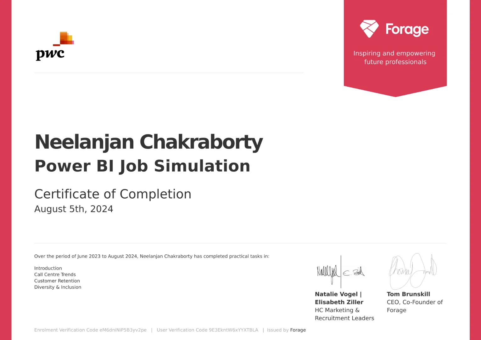 PwC Switzerland - Power BI Course Completion Certificate Certificate