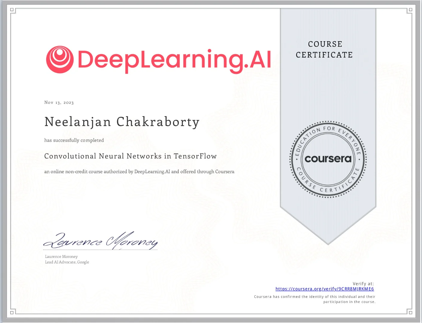 Convolutional Neural Networks in TensorFlow Certificate